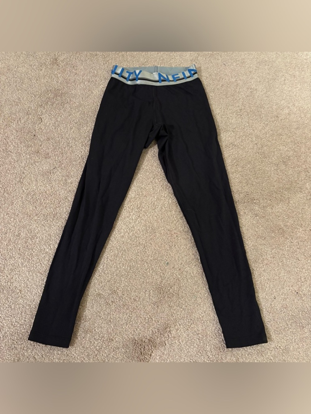 NFINITY cheer youth small Kids Black Leggings with Light Blue Branded Waistband